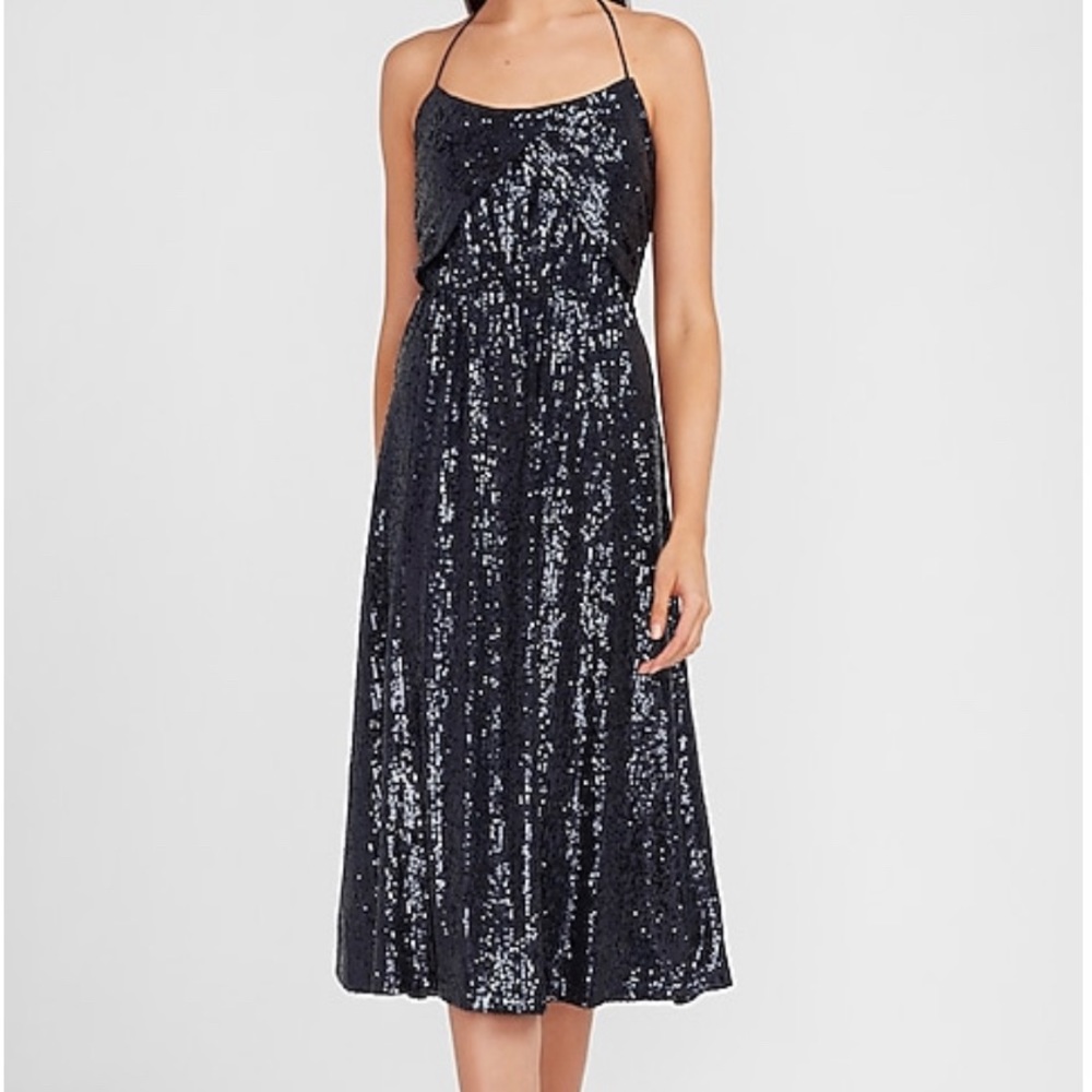 NWT Express Navy Blue Sequined Halter Dress Size Small